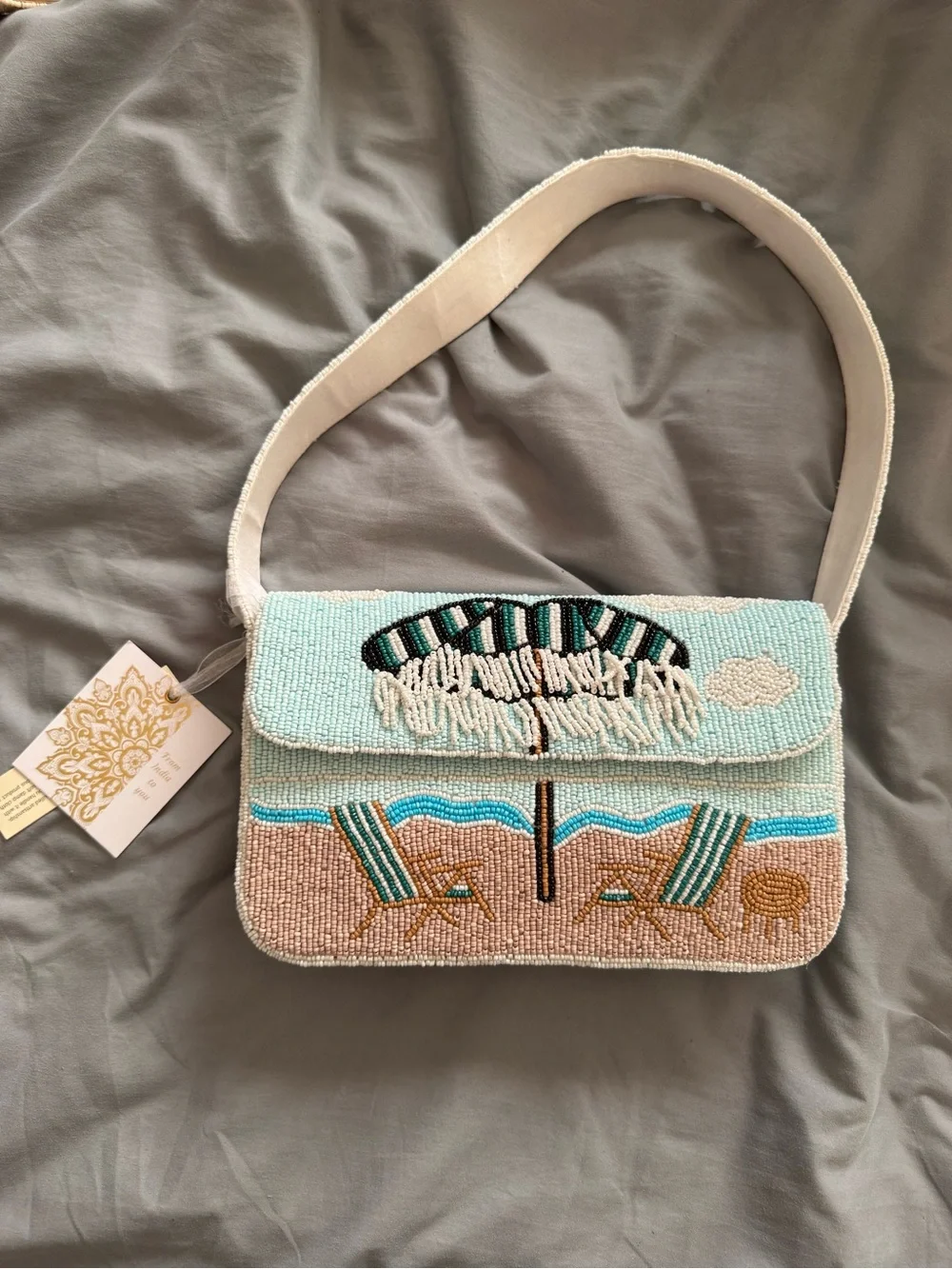 Beaded Beach Scene Shoulder Bag Handmade in India New With Tags